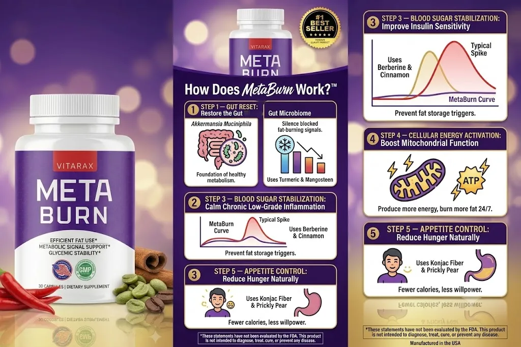 'An infographic detailing how MetaBurn works through steps like gut reset, blood sugar stabilization, cellular energy activation, and appetite control alongside product images.'