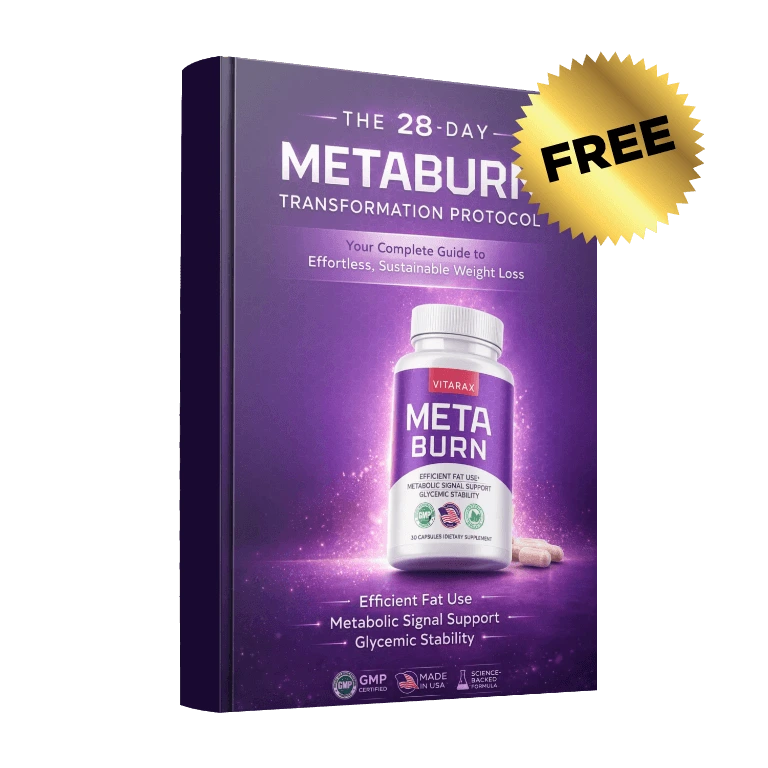 'A 3D product rendering of the purple and white Vitarax MetaBurn dietary supplement transformation protocol bonus book with a gold free sticker.'